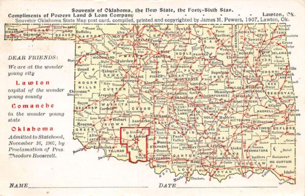 Oklahoma Greetings "The New State" Map Powers Land and Loan Co PC AA70756