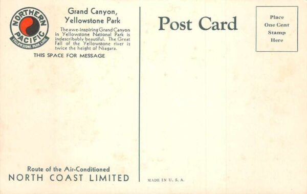 Yellowstone Park Grand Canyon Northern Pacific Great Falls Postcard AA70800 - Image 2