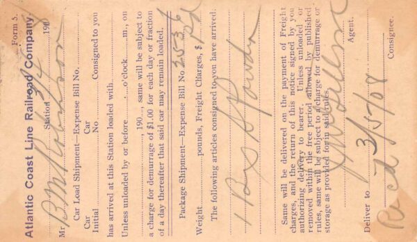 Florida Atlantic Coast Line Railroad Freight Delivery Receipt Postcard AA70802