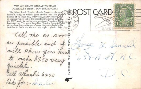 1937 Pontiac Silver Streak Sedan Car Auto Advertising Vintage Postcard AA70826 - Image 2