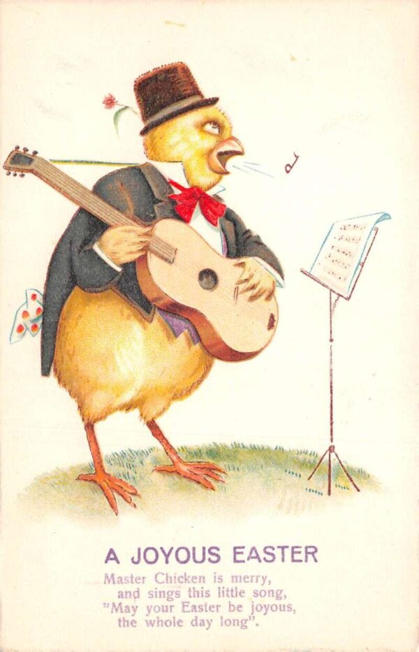 Easter Greetings Dressed Chick playing Guitar and Singing Postcard AA70981