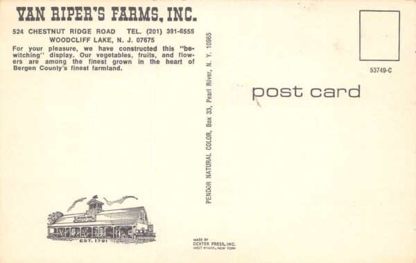 Woodcliff Lake New Jersey Van Riper's Farms, Inc., Photochrome Postcard U10251 - Image 2