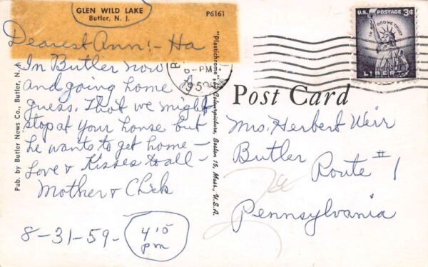 Butler New Jersey Glen Wild Lake, Photochrome Vintage Postcard U10266 - Image 2