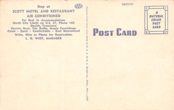 Oneida Tennessee Scott Motel, Multi-View Linen Vintage Postcard U10345 - Image 2