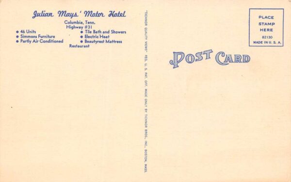 Columbia Tennessee Julian Mays' Motor Hotel, Multi-View Linen Vintage PC U10347 - Image 2