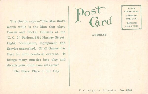 Omaha Nebraska Carom & Pocket Billiard Parlors, Color Lithograph PC U10544 - Image 2