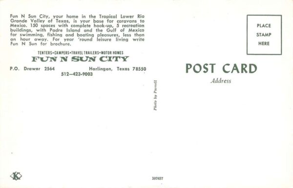 Harlingen Texas Fun N Sun City Campground, Photochrome Vintage Postcard U10597 - Image 2