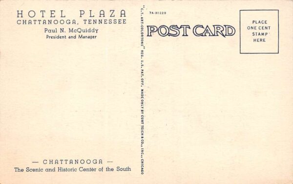 Chattanooga Tennessee Hotel Plaza & Triangle Grill, Color Linen PC U10598 - Image 2