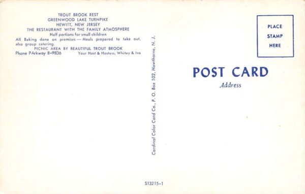 Hewitt New Jersey Trout Brook Rest Stop, Gas Pumps Shown Vintage Postcard U10603 - Image 2