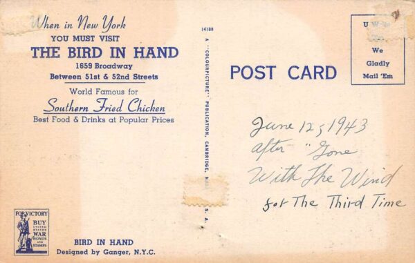 New York City New York The Bird In Hand Restaurant, Color Linen PC U10609 - Image 2