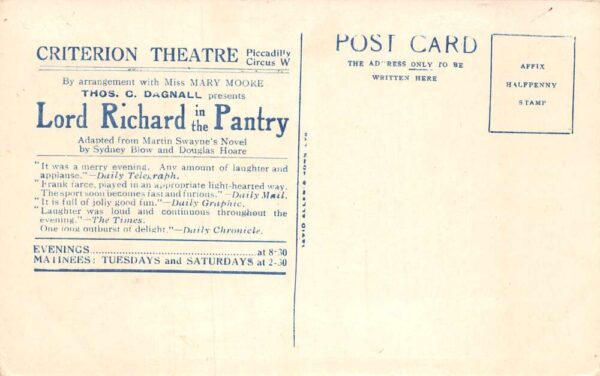 Criterion Theatre Lord Richard in the Pantry Cyril Maude Connie Ediss AA71181 - Image 2