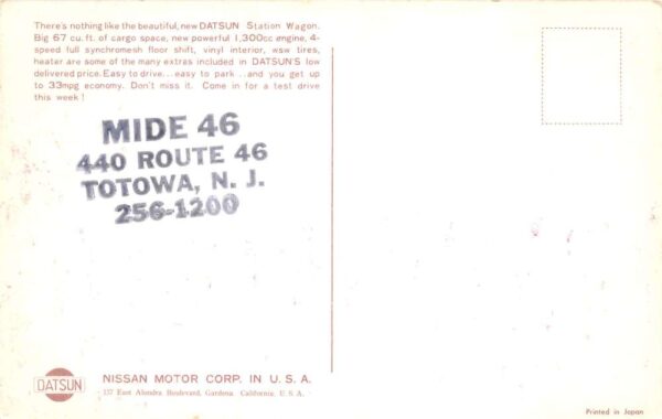 Totowa New Jersey Mide 46 Car Sales Nissan Datsun Station Wagon Ad PC AA71198 - Image 2