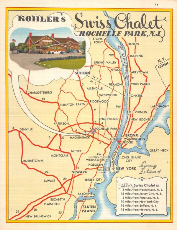 Rochelle Park New Jersey Kohler's Swiss Chalet Fold Out Map Postcard AA71217 - Image 2