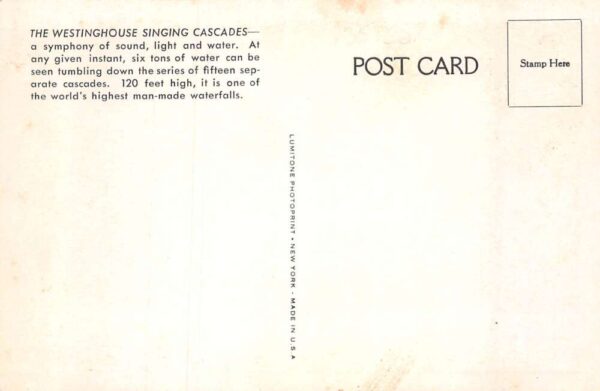 1939 New York Worlds Fair Westinghouse Singing Cascades Postcard AA71243 - Image 2