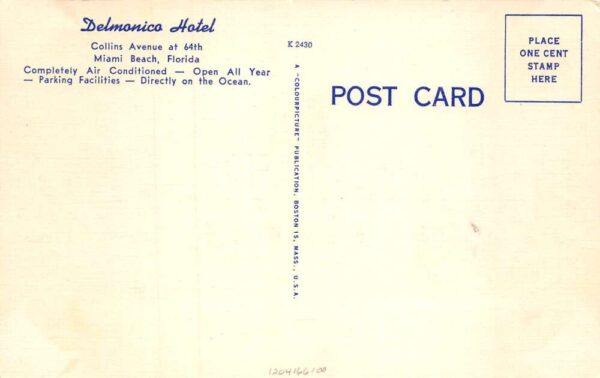 Miami Beach Florida Delmonico Hotel Linen Vintage Postcard AA71316 - Image 2