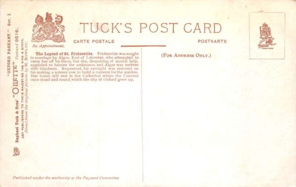 Oxford Pageant 1907 Legend of St Frideswide Tuck Vintage Postcard AA71320 - Image 2