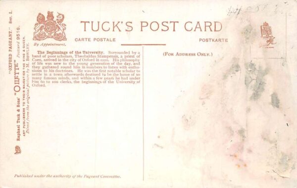 Oxford Pageant 1907 Beginnings of the University Tuck Vintage Postcard AA71321 - Image 2