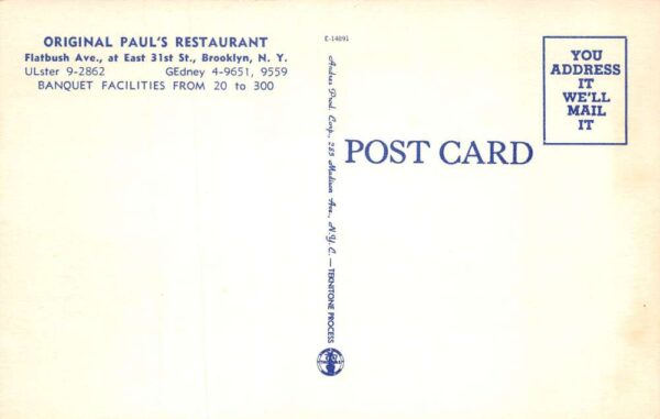 Brooklyn New York Original Paul's Restaurant, Multi-View Linen Vintage PC U10668 - Image 2