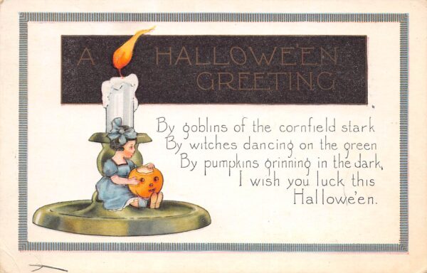 Hallowe'en Greeting Little Girl W/ Jack-O-Lantern Seated On Candle, Whitney Made PCU10770