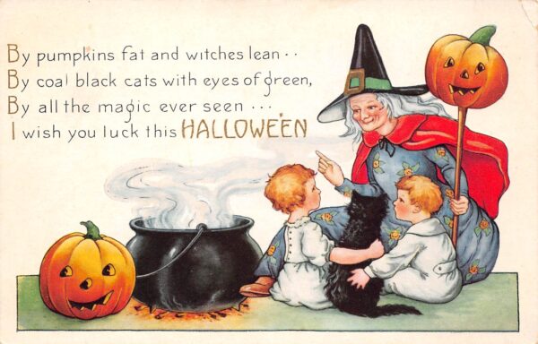 Hallowe'en Kind Witch W/ Children, Black Cat,Broom, & Jack-O-Lantern, PC U10772