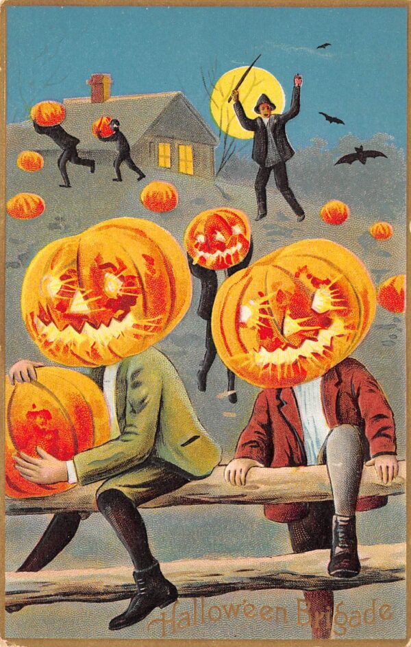 Hallowe'en Brigade Children W/ Jack-O-Lanterns On Their Heads,Embossed, PC U10788