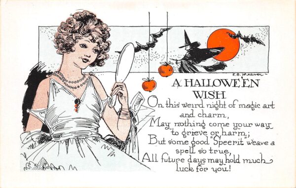 A Hallowe'en Wish Beautiful Girl W/Mirror, Witch, Bats, & Full Moon,PC U10789