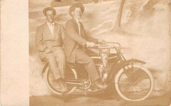 Men on Indian Motorcycle Smoking Cigars Real Photo Vintage Postcard AA71479