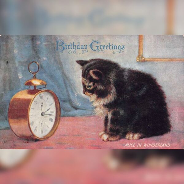 Vintage birthday postcard featuring cat looking at clock