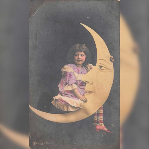 Vintage postcard of girl sitting on paper crescent moon