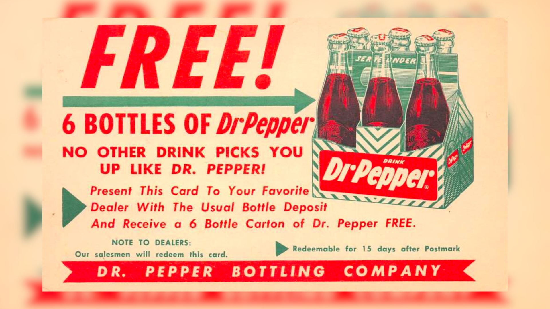 Vintage postcard featuring a Dr. Pepper ad