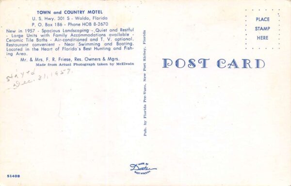 Waldo Florida Town & Country Motel, B/W Chrome Vintage Postcard U10838 - Image 2