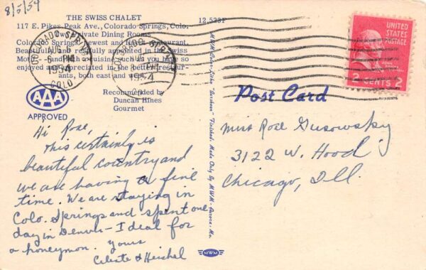 Colorado Springs Colorado Swiss Chalet Restaurant, Color Linen Postcard U10847 - Image 2