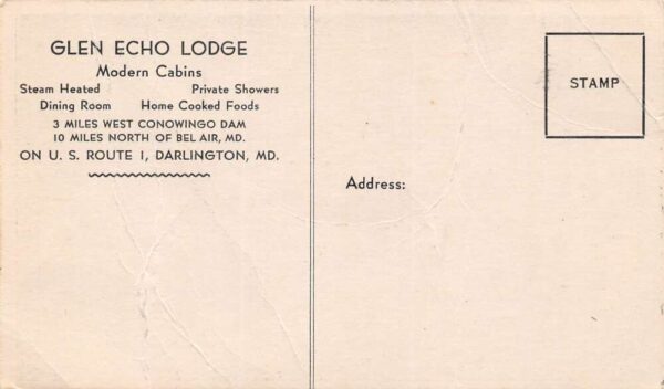 Darlington Maryland Glen Echo Lodge, B/W Photo Print Vintage Postcard U10851 - Image 2