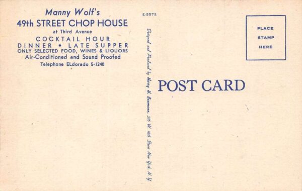 New York City New York Manny Wolf's Chop House, Multi-View Linen PC U10865 - Image 2