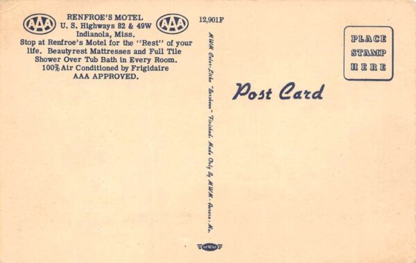 Indianola Mississippi Renfroe's Motel, Multi-View Linen Vintage Postcard U10871 - Image 2