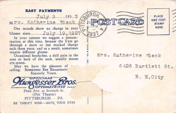 Pittsburg Pennsylvania Nungesser Bros. Optometrists, Reexamination Reminder PC U10874 - Image 2