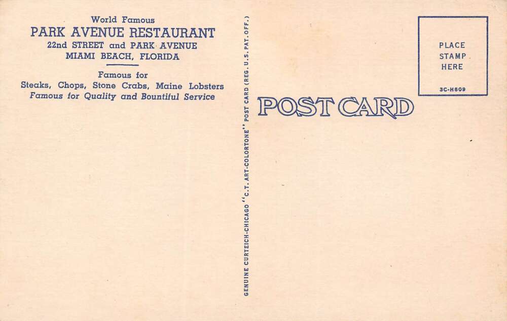 Miami Beach Florida Park Avenue Restaurant, Multi-View Linen Vintage PC U10879 - Image 2