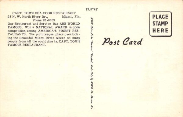 Miami Florida Captain Tom's Seafood Restaurant, Multi-View Linen PC U10880 - Image 2