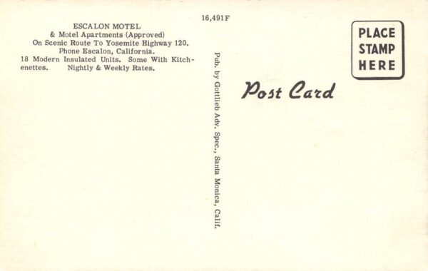Escalon California Escalon Motel, Yosemite, Color Linen Vintage Postcard U10884 - Image 2