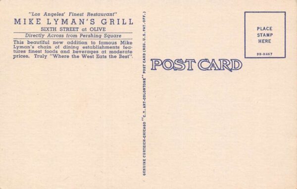 Los Angeles California Mike Lyman's Dining Room & Bar,Multi-View Linen PC U10889 - Image 2