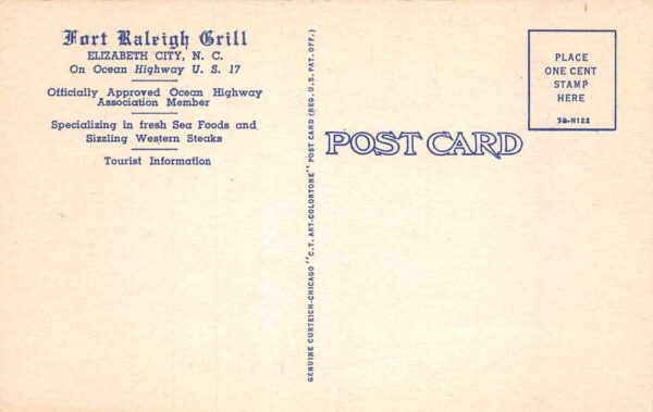 Elizabeth City North Carolina Fort Raleigh Grill Linen Vintage Postcard AA71686 - Image 2