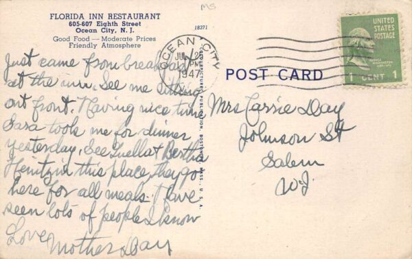 Ocean City New Jersey Florida Inn Restaurant Linen Vintage Postcard AA71689 - Image 2