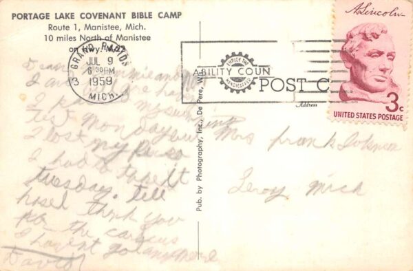Manistee Michigan Portage Lake Covenant Bible Camp Vintage Postcard AA71699 - Image 2