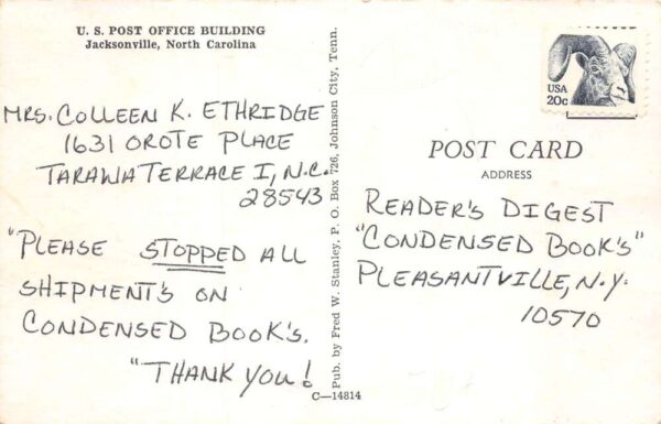 Jacksonville North Carolina Post Office Vintage Postcard AA71702 - Image 2