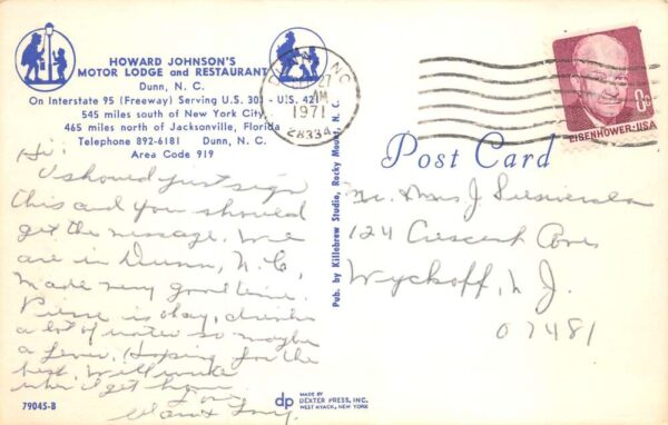 Dunn North Carolina Howard Johnson Motor Lodge and Restaurant Postcard AA71703 - Image 2