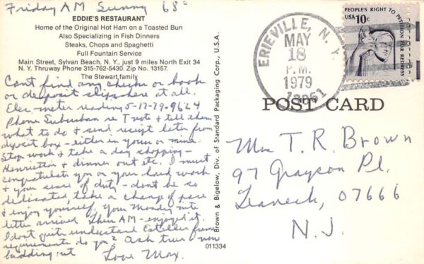 Sylvan Beach New York Eddie's Restaurant Vintage Postcard AA71710 - Image 2