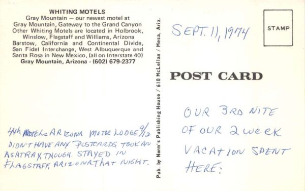 Gray Mountain Arizona Whiting Motels Vintage Postcard AA71714 - Image 2