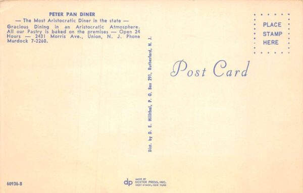 Union New Jersey Peter Pan Diner Vintage Postcard AA71729 - Image 2
