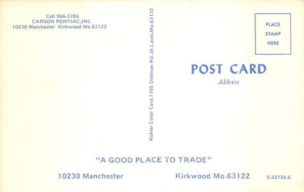 Kirkwood Missouri Carson Pontiac Car Dealership Vintage Postcard AA74771 - Image 2