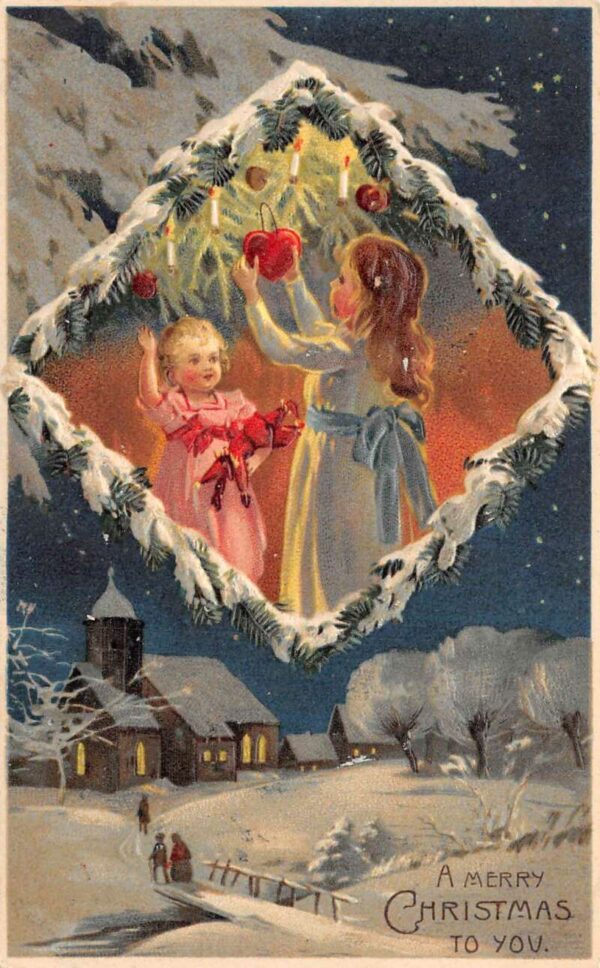 Christmas Greetings Children Decorating Tree Vintage Postcard AA74852